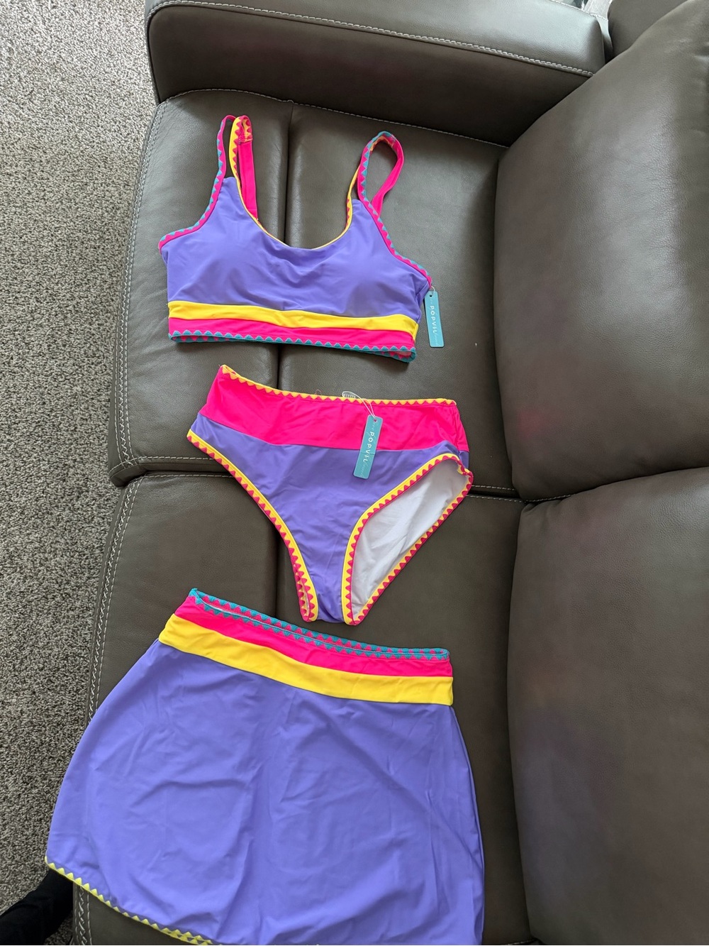 Women’s' Purple, Pink & Yellow 3-Piece Swim Set with Skirt